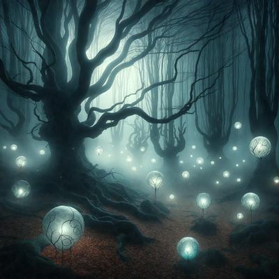 The primary subject of the image is a tree with a large number of glowing orbs surrounding it. The tree is located in a forest, and the orbs are scattered throughout the scene, creating a unique and captivating visual effect. The setting appears to be a dark, mysterious forest, and the visual style is a combination of digital art and illustration. The colors and mood of the image are predominantly dark and moody, with the glowing orbs providing a contrasting and enchanting element.
